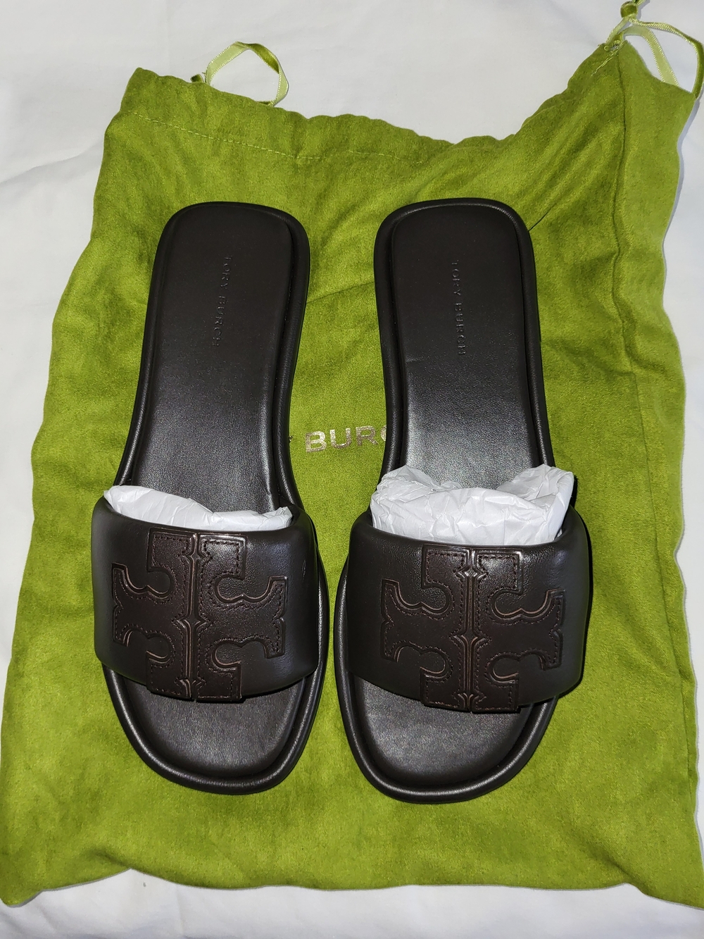 Tory Burch Dark Brown Leather Logo Slide Sandals